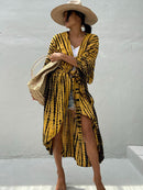 2022 Bikini Cover-ups Black Retro Striped Self Belted Women Summer Clothing Kimono Dress Beach Wear Swim Suit Cover Up Q1225