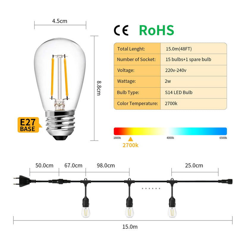 10m 15m IP65 LED Party Lights Outdoor S14 LED String Light für Patio Garden Holiday Wedding Lights