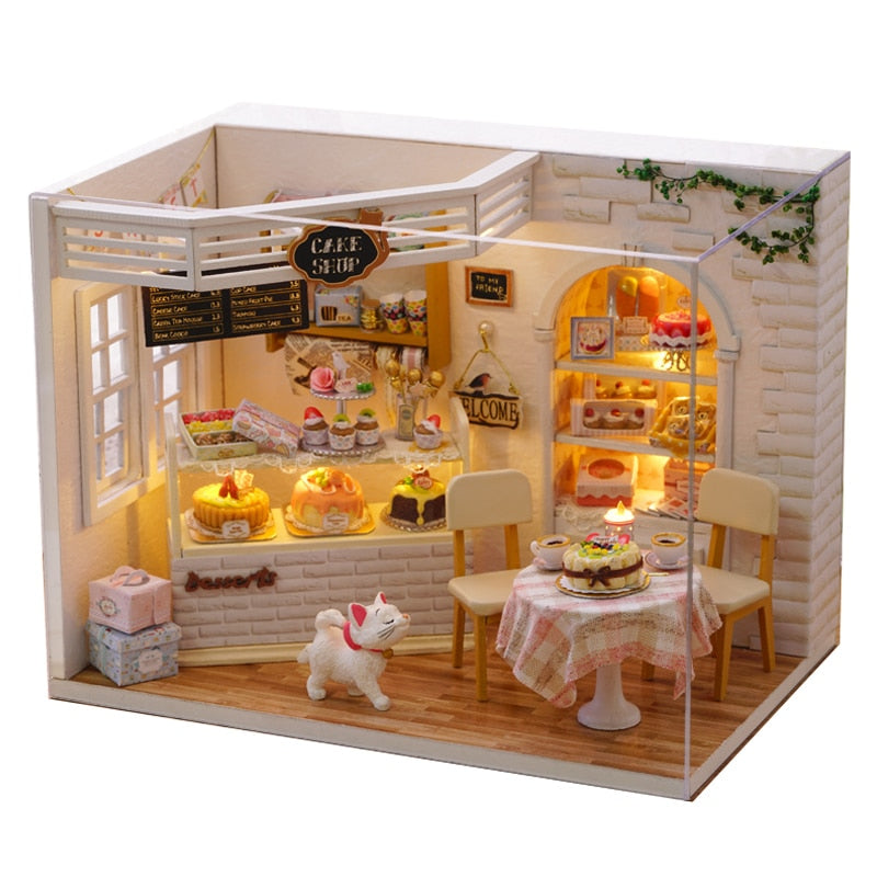 Cutebee DIYHouse miniatura con muebles LED música polvo cubierta modelo Juguetes De bloques De construcción para niños Casa De Boneca