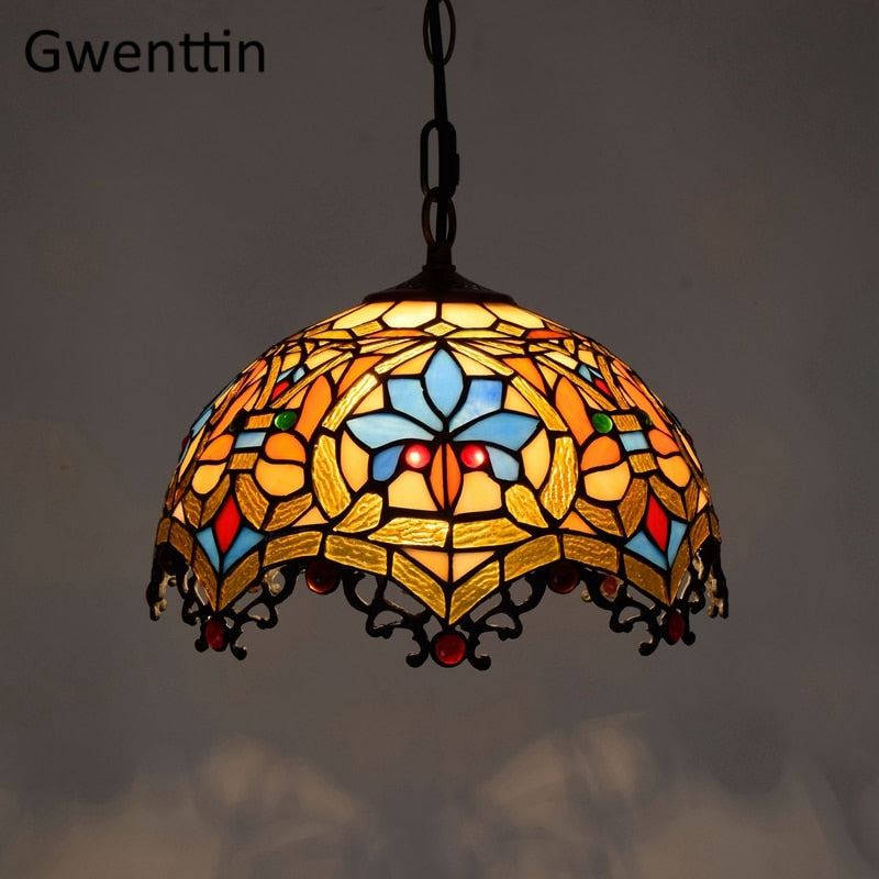 Vintage Tiffany Pendant Lights Mediterranean Baroque Stained Glass Hanging Lamp Led Kitchen Lighting Fixtures Home Loft Decor
