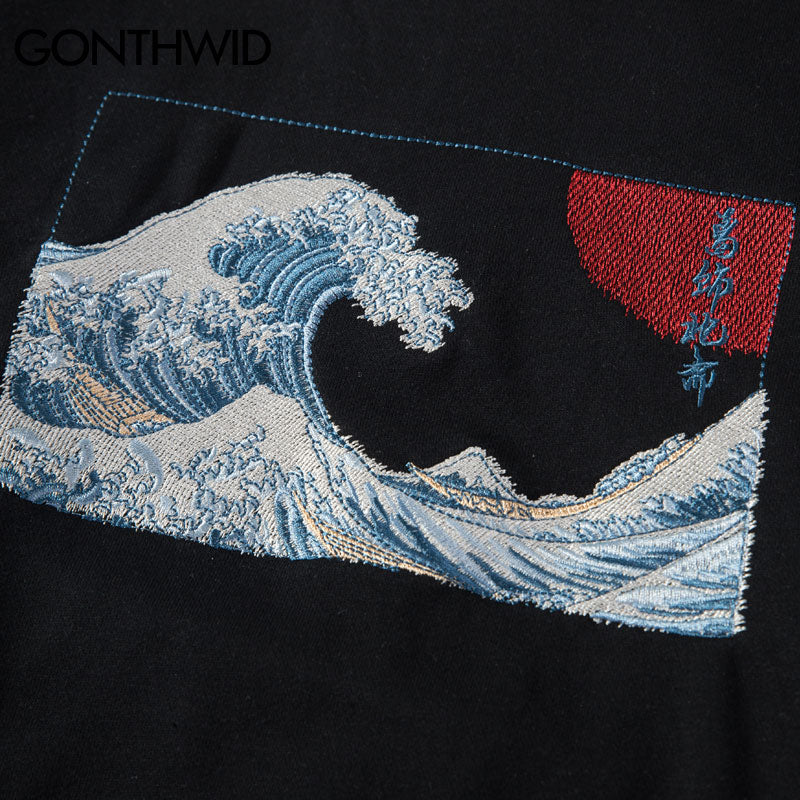 GONTHWID Embroidered Japanese Ukiyo-e Kanagawa Surfing Thin Hoodies Sweatshirts 2022 Harajuku Hip Hop Casual Pullover Hoodie Top