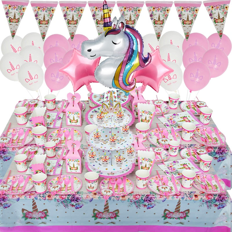 Unicorn Party Supplies Disposable Tableware Set Kids Birthday party Decoration Unicornio Decor Plates Cup Banner Baby Shower