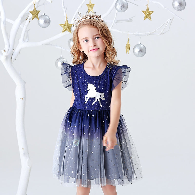 DXTON Mädchen Kleidung für Sommer Prinzessin Kleider Kinder Flare Ärmel Einhorn Druck Kleid Mädchen Party Kleider Kinder Kleidung 3-8 Jahre