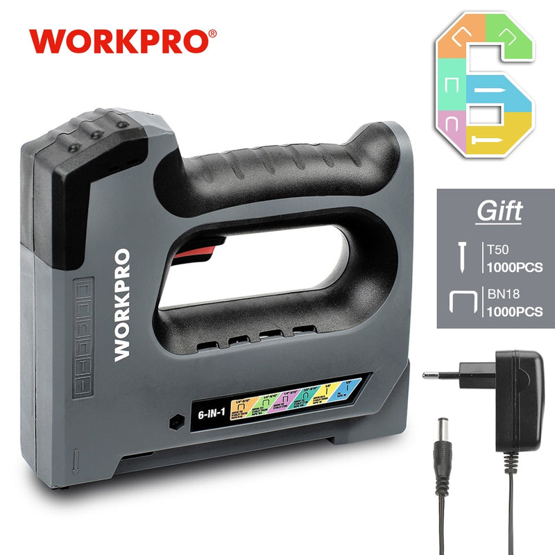 Grapadora eléctrica WORKPRO, pistola de clavos de alta resistencia inalámbrica de iones de litio de 3,6 V, pistola grapadora 6 en 1, herramienta para muebles, grapadora con marco de madera