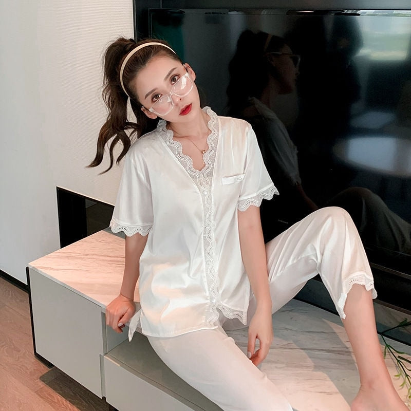 Lisacmvpnel Spring New Pajamas Women's Ice Silk Long Sleeve Solid Lace Suit Pyjamas