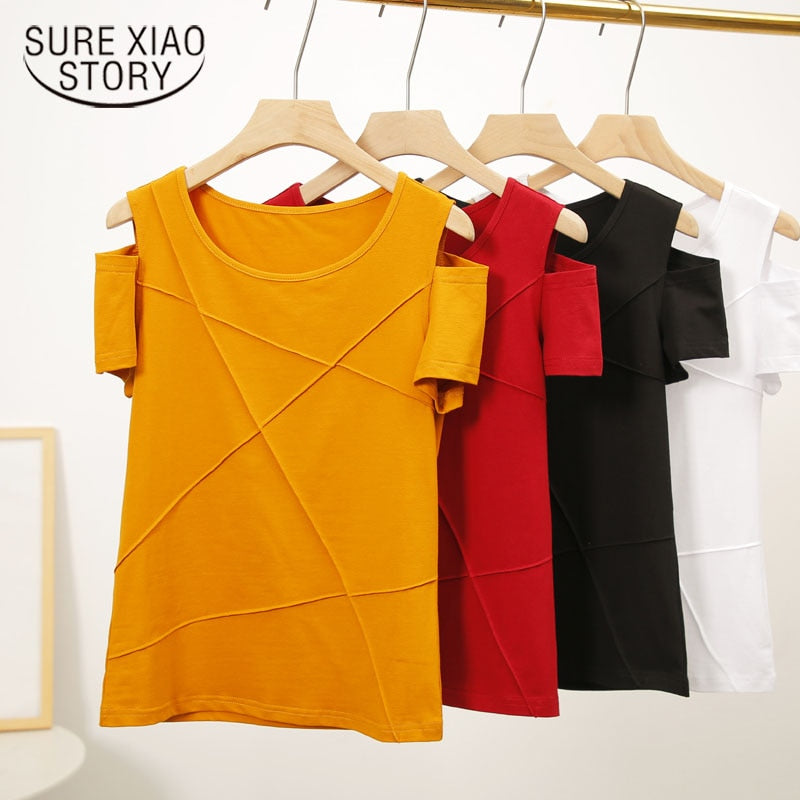 2022 Summer Fashion Women Off Shoulder Tshirt Short Sleeve Shirt Women Tops Solid Color Hole Shirt Casual Blusas New 3022