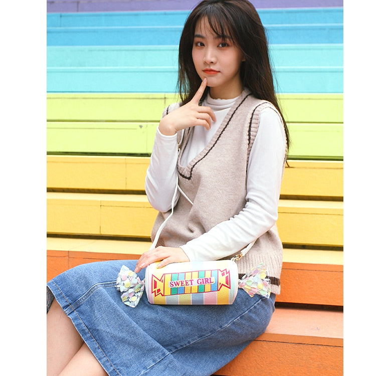 Bolso de hombro con diseño de caramelo dulce, bolso de mano de Pu con rayas de colores para mujer, bolso cruzado informal con letras bordadas, bolso femenino 2021