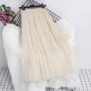 Qooth Women Beaded Petal Mid-length Ruffles Mesh Pleated Skirts Elegant High-waisted Fairy A-line Long Tulle Skirts QT1682