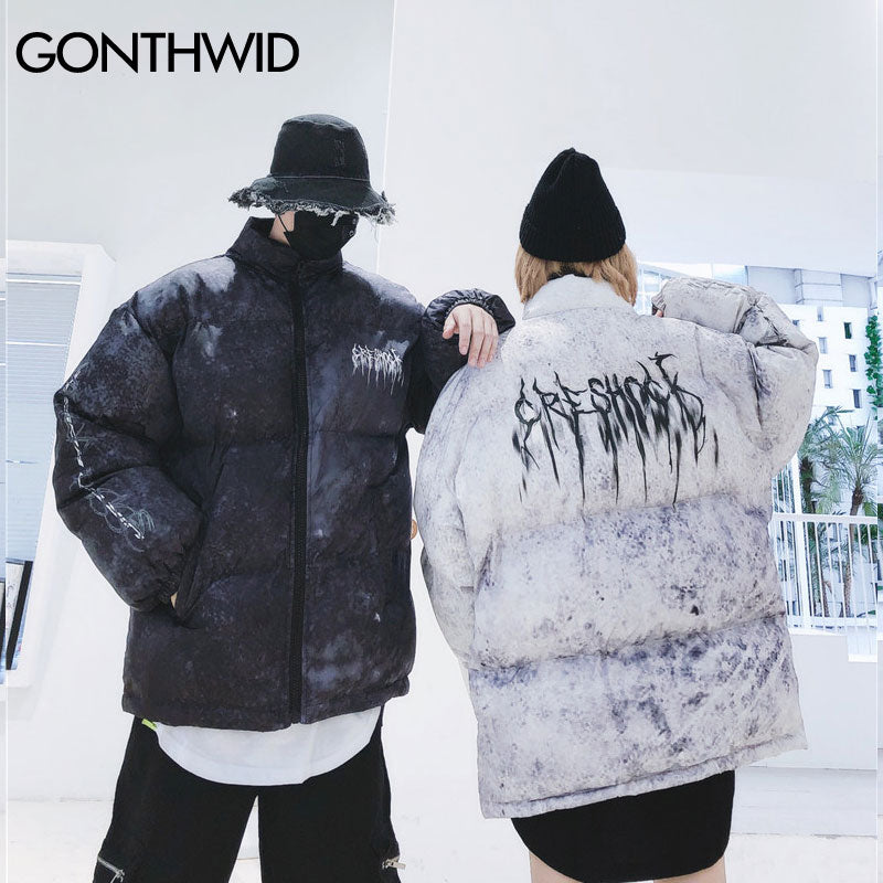 GONTHWID Graffiti Ink Tie Dye Print Cotton Padded Puffer Parka Jackets Streetwear Hip Hop Winter Casual Punk Rock Parkas Hipster