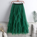 Qooth Women Beaded Petal Mid-length Ruffles Mesh Pleated Skirts Elegant High-waisted Fairy A-line Long Tulle Skirts QT1682