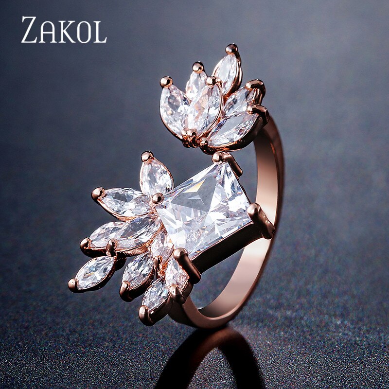 ZAKOL Fashion Yellow Square AAA Cubic Zirconia Adjustable Ring for Women Leaf Bridal Wedding Party Dress Jewelry FSRP2109