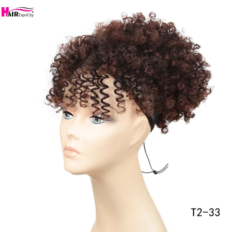 Short Kinky Curly Chignon With Bangs Synthetic Hair Bun Drawstring Ponytail Afro Puff Hair pieces For Women Clip Hair Extension