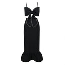 New Women Summer Style Sexy Hollow Out Black Crystal Diamonds Black Midi Bodycon Bandage Dress 2022 Elegant Evening Party Dress