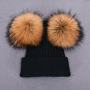 Double Real Raccoon Fur Pompom Hat Women Winter Caps Knitted Wool Hats Skullies Beanies Girls Female Two Fur Pom Pom Beanie Hat