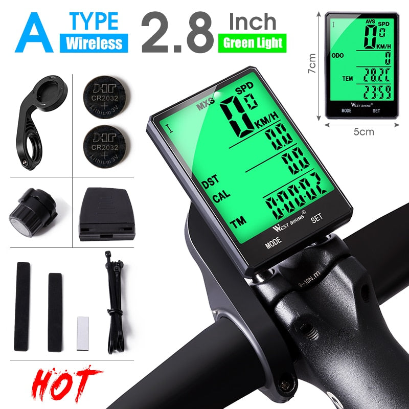 WEST BIKING Cycling Speedometer Digital Large Screen Waterproof LCD Backlight Wireless and Wired Bike Odometer Bicycle Computer