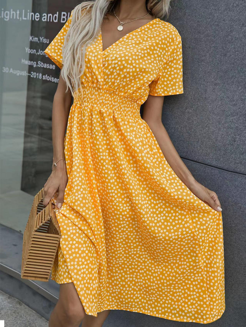 White Floral Printing Summer Chiffon Beach Dress 2022 Casual V-neck Short Sleeve A-line Women Midi Dresses Vestidos