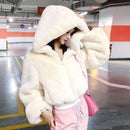 Otoño Invierno Faux Rabbit Fur Bomber Teddy Coat Cremallera Streetwear Cintura alta Furry Hooded Plush Jacket Cardigan Fleece Parkas