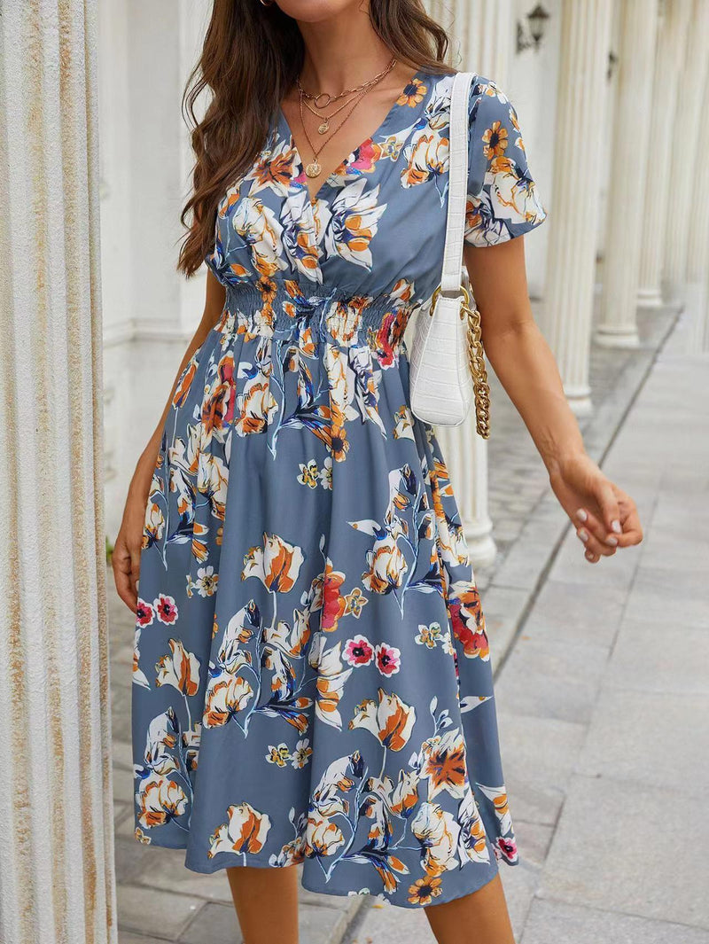 White Floral Printing Summer Chiffon Beach Dress 2022 Casual V-neck Short Sleeve A-line Women Midi Dresses Vestidos