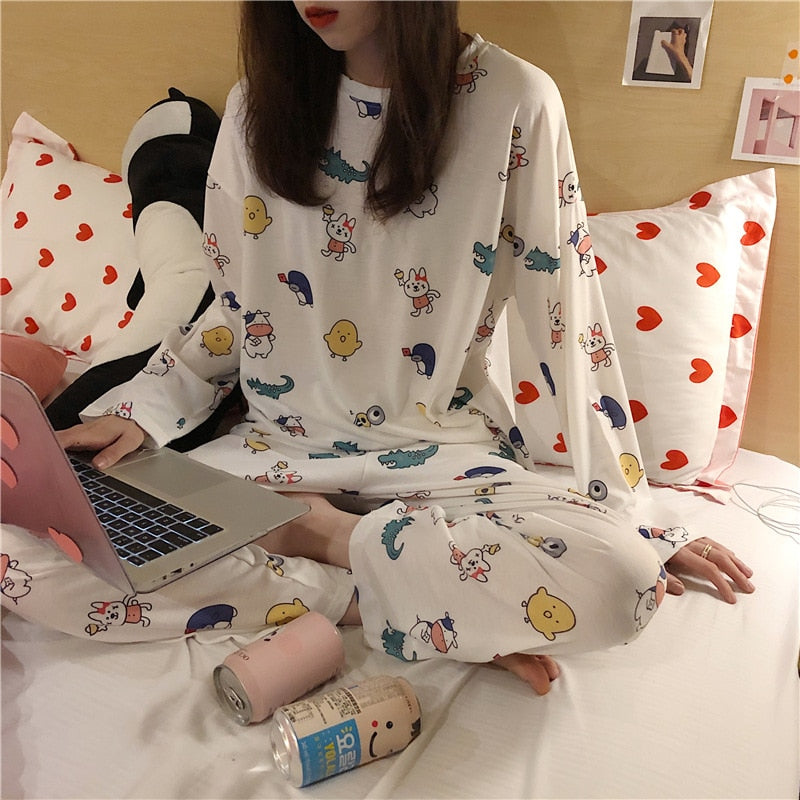Herbst Dünne 2-teilige Pyjamas Set Frauen Nachtwäsche Lovely Home Anzüge 2021 Rundhals Mädchen Teetasse NachtwäscheLangarm Pyjamas