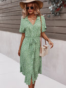 Spring Summer Ladies Bandage Dress Women Casual Medium Long Sleeve Button Floral Print Holiday Style Chic Dress Female 2022 New