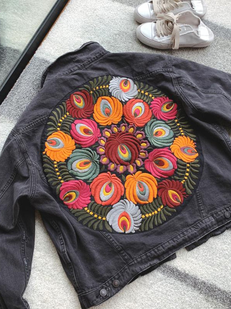 Gypsylady floral Embroidered Denim Jacket Black Casual Chic Winter Jacket Women Bohemian Warm Jacket Coat 2022 New Chaquetas