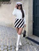 Office Lady Striped Print White Black Elegant Mini Skirt Suits Slim Crop Top Femme Clothing Sets Spring Fashion Retro Suit
