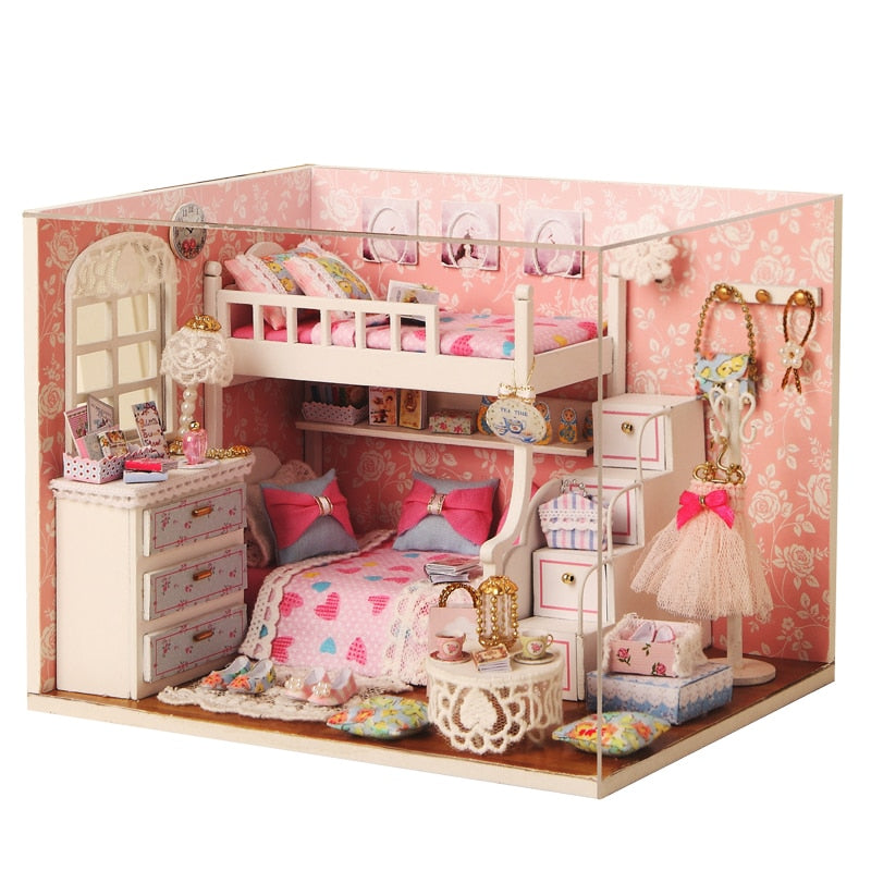 Cutebee DIYHouse miniatura con muebles LED música polvo cubierta modelo Juguetes De bloques De construcción para niños Casa De Boneca