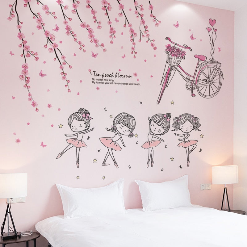 [shijuekongjian] Ballet Dancer Girl Wall Stickers DIY Flowers Plants Wall Decals for Kids Rooms Baby Bedroom Home Decoration