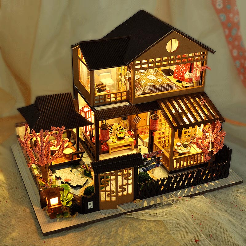 Cutebee DIY Dollhouse Kit Japanisches Gebäude Miniatur-Puppenhäuser aus Holz mit Möbel-LED-Leuchten für Kindergeburtstagsgeschenk