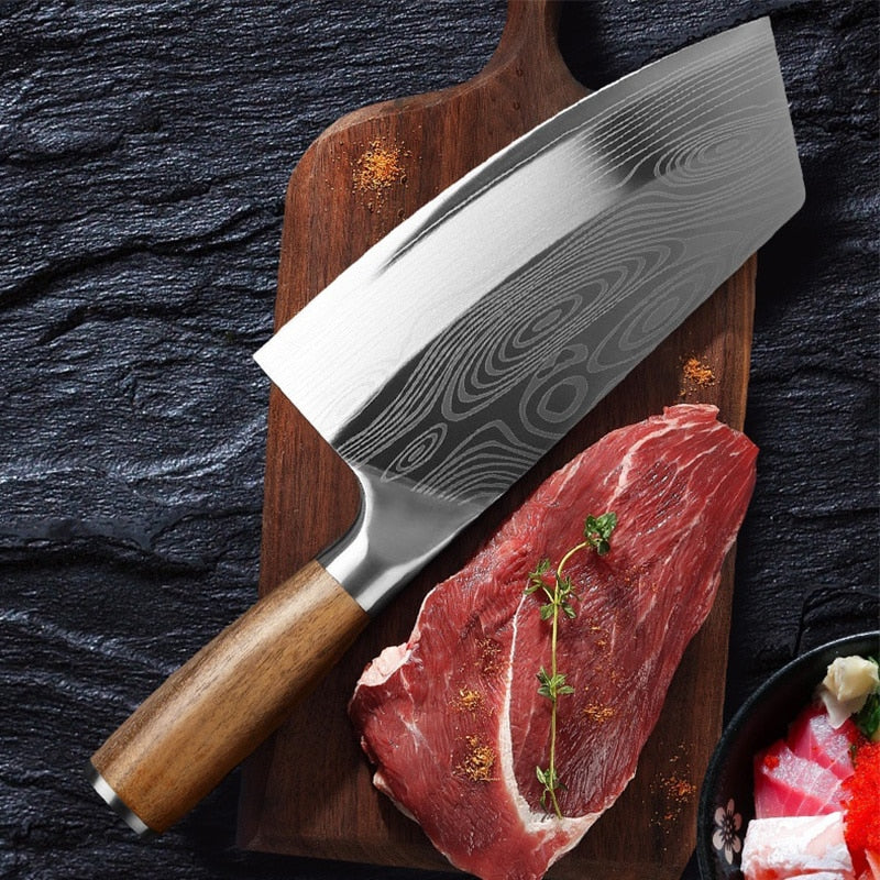 Cuchillo de cocina, cuchillo de carnicero, cuchillo de Chef, maquinilla de afeitar de acero inoxidable, rebanador afilado, cuchillo de carnicero chino, rebanador con mango de madera