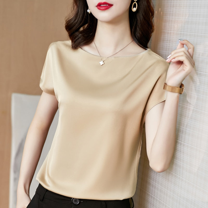 Office Lady Tops Summer Short Sleeve Blouses Satin Blouse Women Shirts Fashion Simple Solid Casual Loose Shirt Blusas 13377