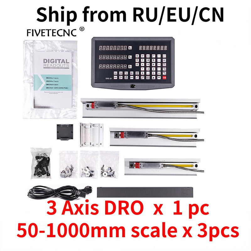 DRO 3 Axis Digital Readout with 3pcs Linear Scale Travel 50-1020mm for Milling Lathe Machine Digit Counter Complete Unit