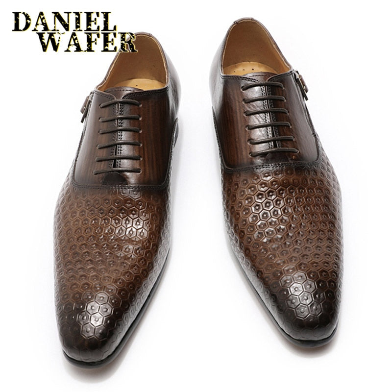 Daniel Wafer Man Shoes Luxury Genuine Leather Geometric Prints Office Wedding Man Formal Black Lace Up Pointed Toe Oxford Shoes