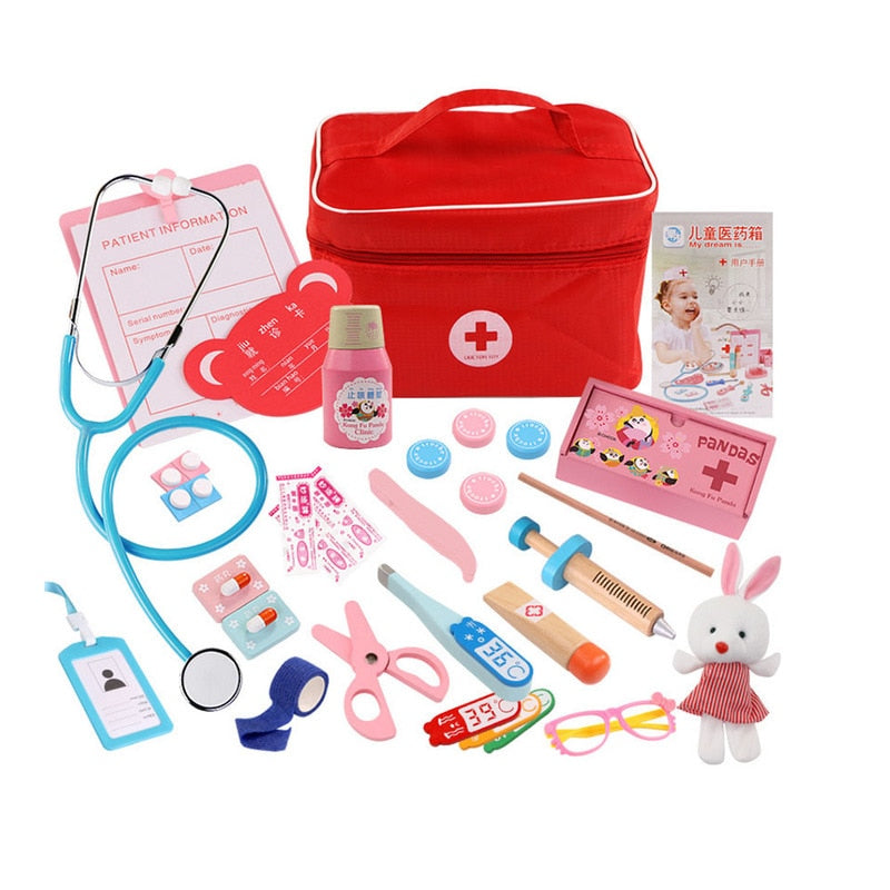 Juego de juguetes de doctor para niños, juego de simulación de madera para niños, juegos para niñas y niños, caja de medicina roja para dentista, bolsas de tela