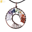 CSJA 7 Chakra Natural Stone Pendant Chip Beads Wrap Wisdom Tree of Life Antique Copper Plated Heart Pendants for Necklace E269
