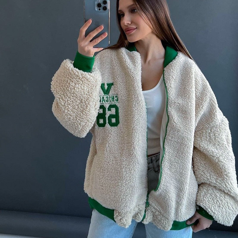 Y2k estampado verde moda béisbol bombardero abrigo 2022 Otoño Invierno chaqueta de retales de gran tamaño Varsity mujeres Casual blanco