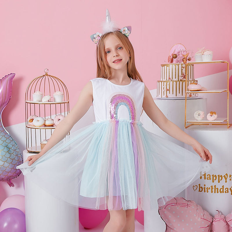 DXTON Mädchen Kleidung für Sommer Prinzessin Kleider Kinder Flare Ärmel Einhorn Druck Kleid Mädchen Party Kleider Kinder Kleidung 3-8 Jahre