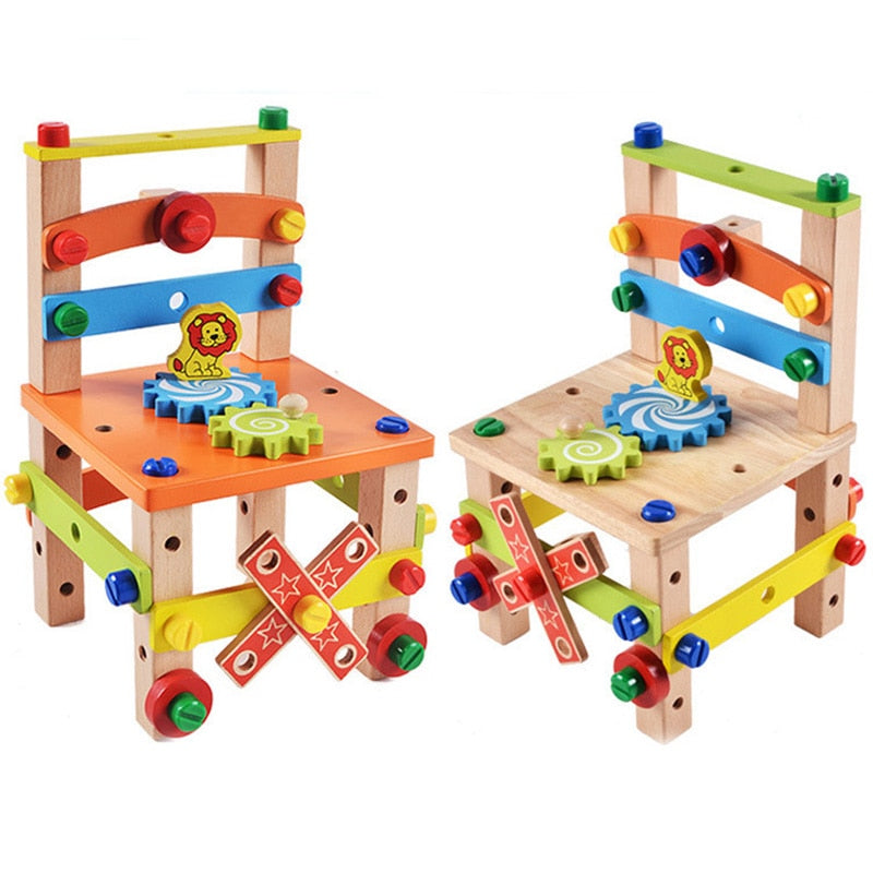 Wooden Assembling Chair Montessori Toys Baby Educational Wooden Toy Preschool Multifunctional Variety Nut Combination Chair Tool