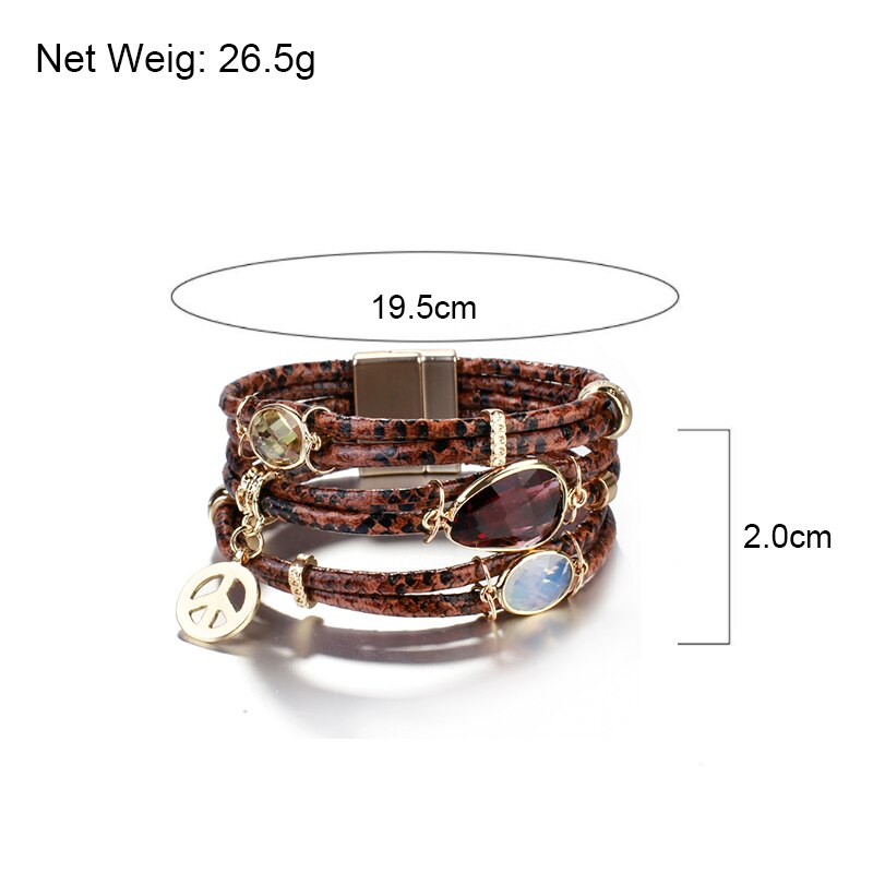 ALLYES Mulltilayer Snake Pulseras de cuero genuino para mujeres Peace Charm Animals Pattern Crystal Wrap Bracelet Joyería femenina