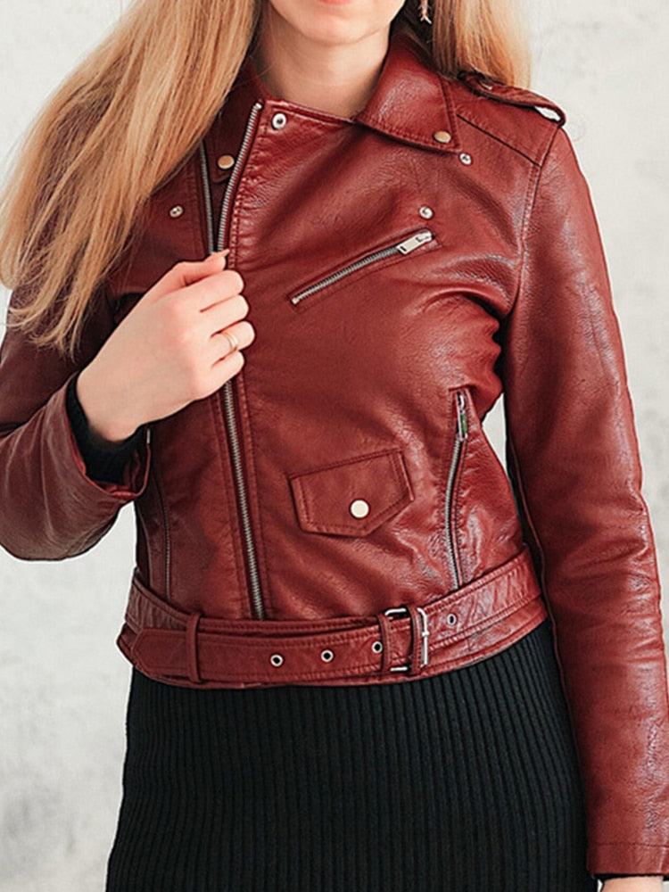 Fitaylor Spring Autumn Women Faux Soft Leather Jacket Long Sleeve Pink Black Biker Coat Zipper Design Motorcycle PU Red Jacket