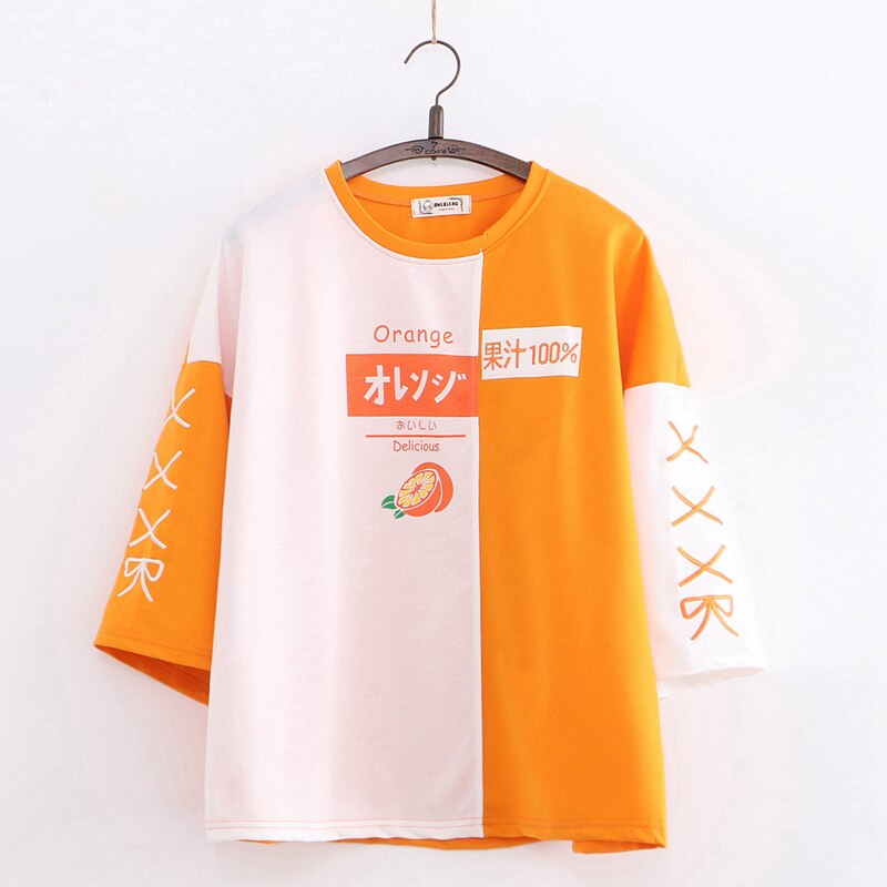 Camiseta coreana de verano para mujer, ropa Kawaii, camiseta de algodón de manga corta con retazos bordados en naranja, Tops bonitos para chicas