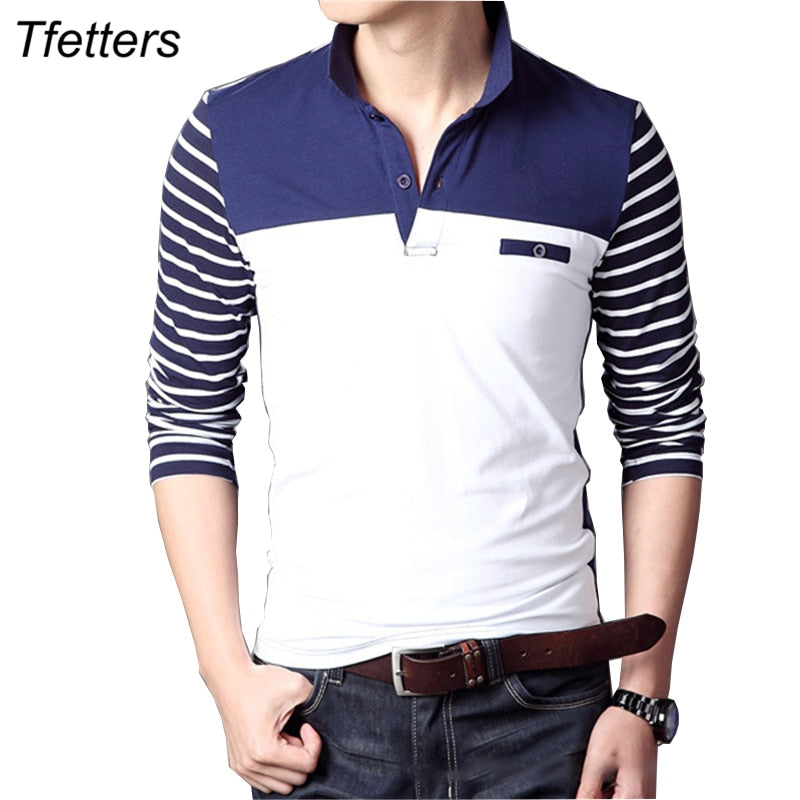 TFETTERS Spring Autumn Casual Men Long Sleeve T-shirt Cotton Elastic Slim Fit Dress T Shirt Men V-Neck Stripe Men Tops & Tees