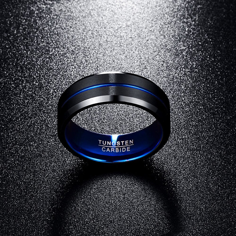 NUNCAD Herren-Ring aus Wolframcarbid, 8 mm, blau und schwarz, matt, mit abgeschrägten Kanten