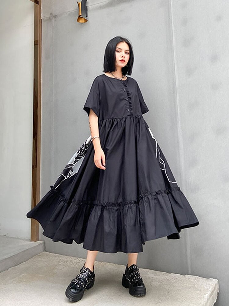 XITAO Summer New Dress Women Fashion Loose  Short Sleeve Minority Printing Dresses Trend Wild A-line Vestidos XJ4922