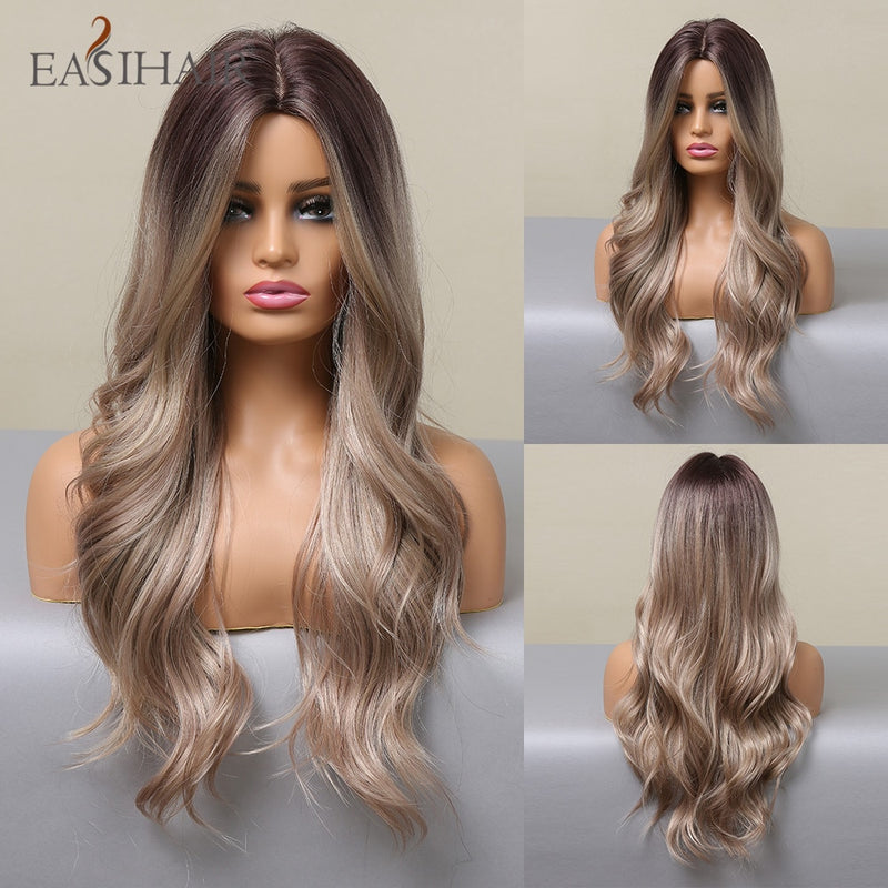 EASIHAIR largo rubio claro Ombre pelucas de estilo ondulado Natural pelucas sintéticas resistentes al calor pelucas de Cosplay de pelo de parte media para mujeres