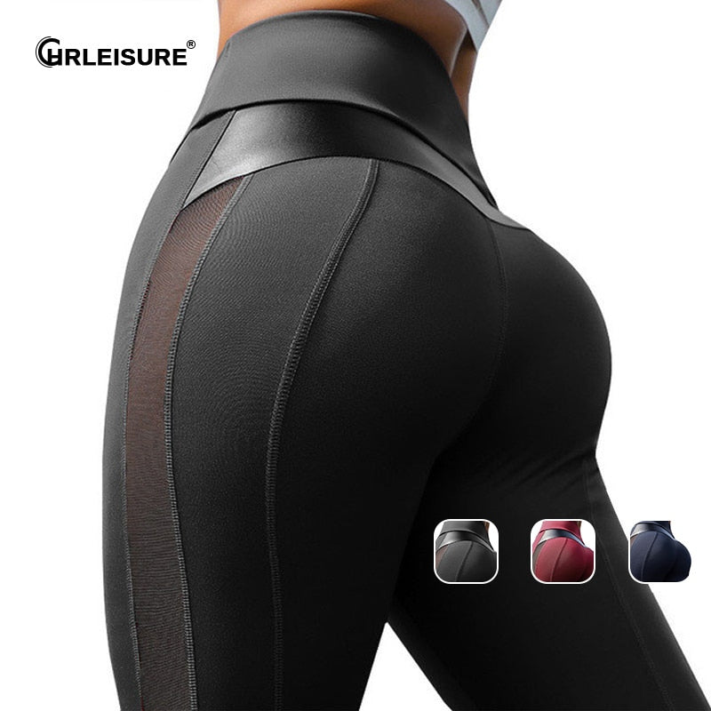 CHRLEISURE PU Leder Mesh Patchwork Leggings Frauen Hohe Taille Sexy Fitness Hosen Gym Push Up Workout Atmungsaktive Sport Leggings