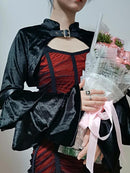 InsGoth Retro Sexy V Neck Black Dress Goth Aesthetic High Waist Party Dress Grunge Spaghetti Straps Backless Lady Party Outfits