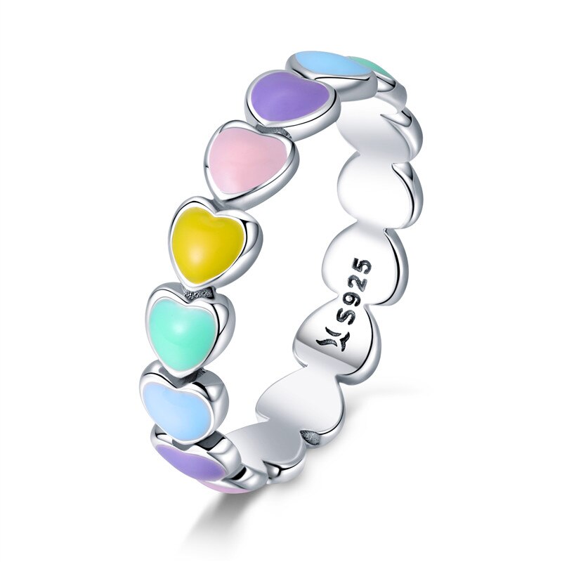 WOSTU Hot Sale 925 Sterling Silver Multi-Color Rainbow Heart Finger Rings For Women Fashion Anniversary Ring Jewelry Gift CQR444