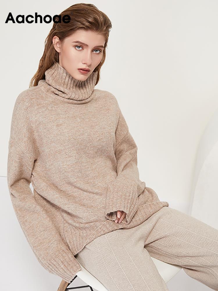 Aachoae Elegant Solid Knitted Two Piece Set Women Turtleneck Batwing Long Sleeve Loose Sweater Full Length Casual Wide Leg Pants