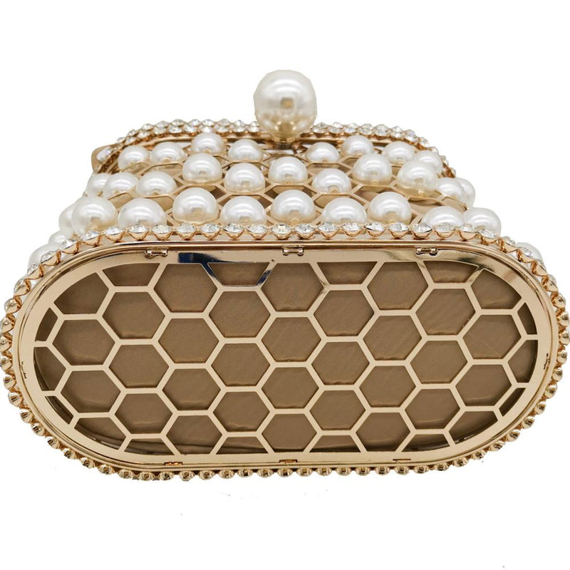 Boutique De FGG Pearl Beaded Evening Bucket Clutch Bag Women Luxury Rhinestone Shoulder Bag Party Purse Ladies Diamond Handbags